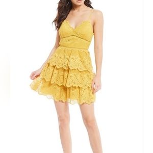 Teeze Me Fit And Flare Spaghetti Strap Mustard Yellow Lace Mini Dress Size 11